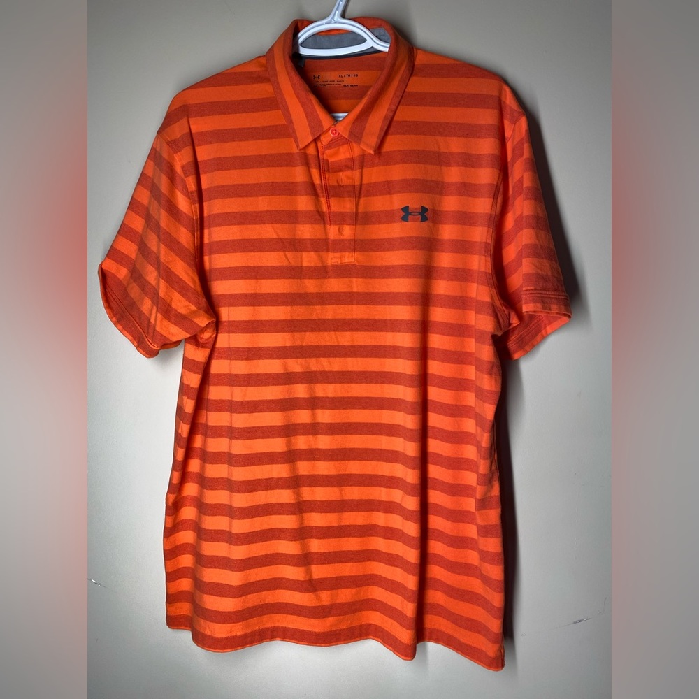 Under Armour Heatgear Performance Polo Orange stripes Mens Sz XL